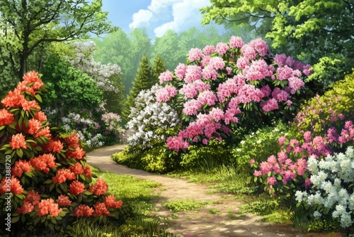 Rhododendrons and shrubs by garden path