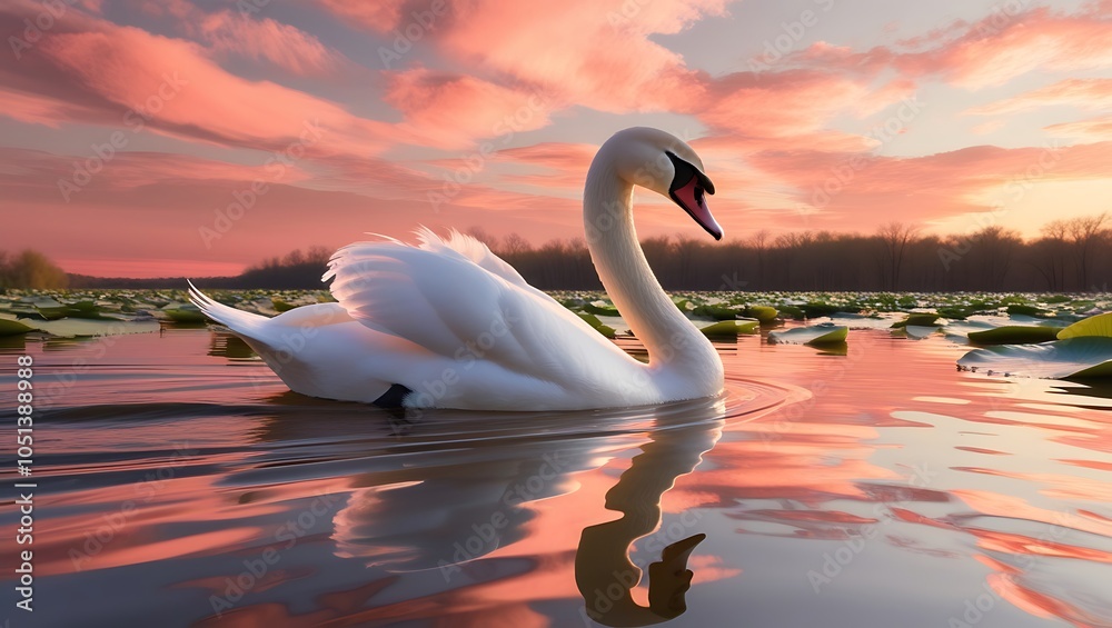 Fototapeta premium Immerse yourself in the tranquil beauty of this high-quality image capturing a swan gliding gracefully through rippling water under a stunning golden hour sky. 