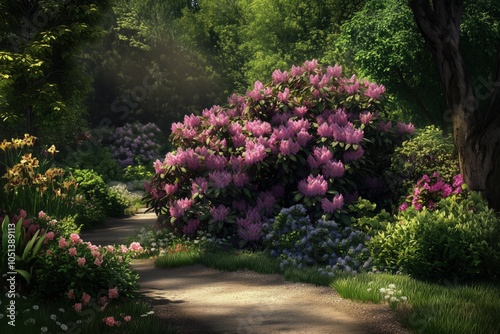 Colorful rhododendron blooms in garden scene photo