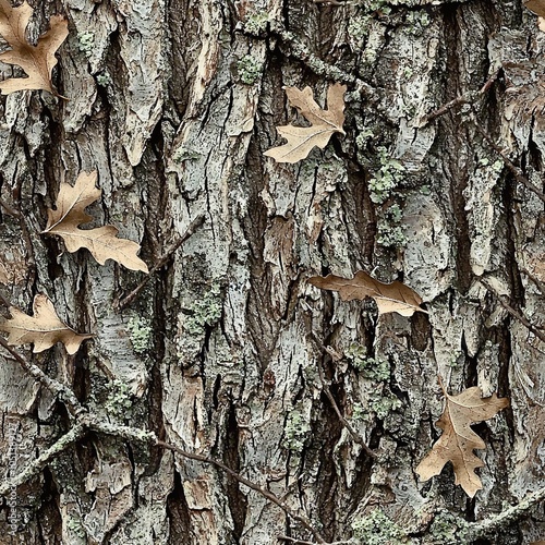 Oak Tree Bark Seamless Hunting Camo Pattern, Oak Leaves and Branches Camouflage Texture