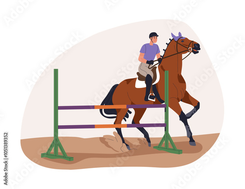 Horse swerving to avoid obstacle. Equestrian rider and equine problem, refusing to jump over barrier, running out, failing during riding. Flat vector illustration isolated on white background