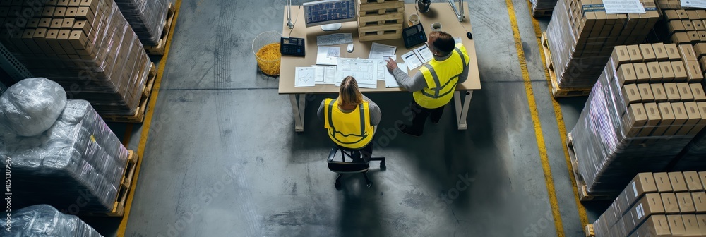 Obraz premium Warehouse Operations Logistics team manages inventory efficiently, focusing on teamwork, inventory control, order fulfillment, and supply chain management while ensuring safety and efficiency