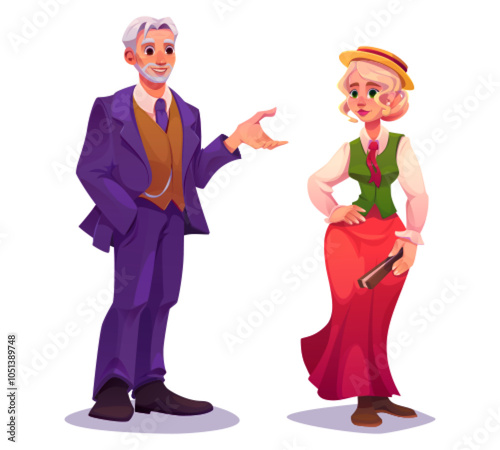 Victorian people dress. 19th century vintage suit illustration. Man and woman historical medieval costume isolated elegant set. Aristocrat style outfit for british lady in 1800s cartoon vector