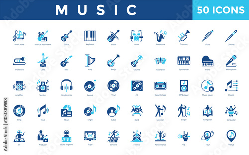 Music icon set with music note, musical instrument, guitar, keyboard, violin, drum, saxophone, trumpet, flute, clarinet icon. Simple flat vector 
