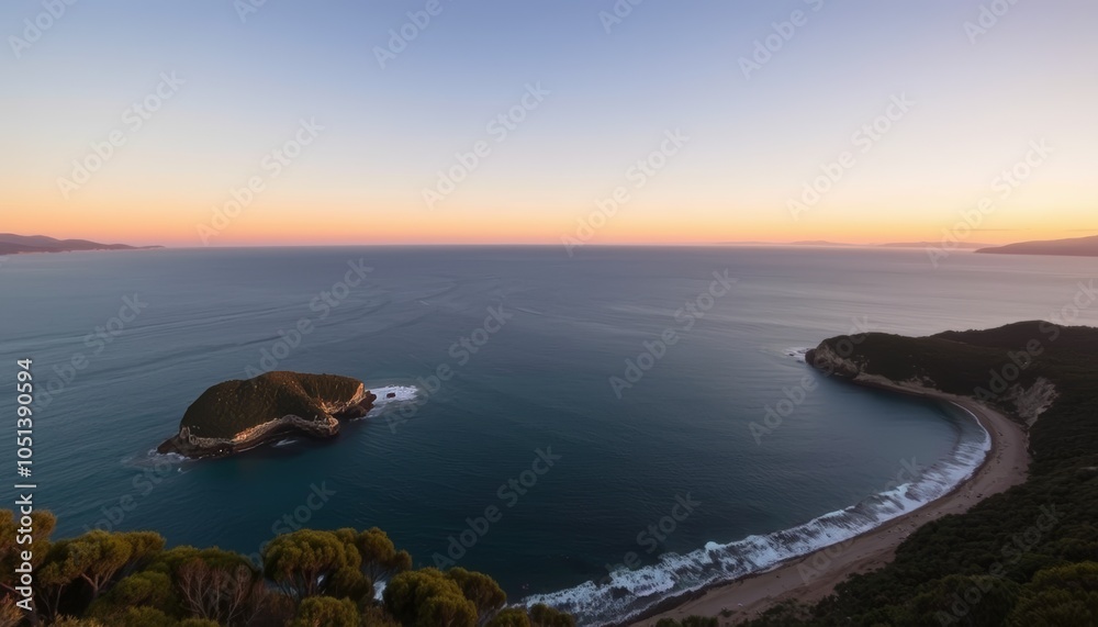 Fototapeta premium Coastal Landscape at Sunset with a Small Island and a Curved Beach