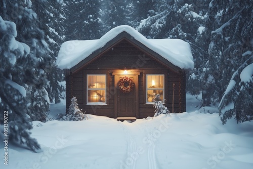 Warm light glowing from snowy cabin photo