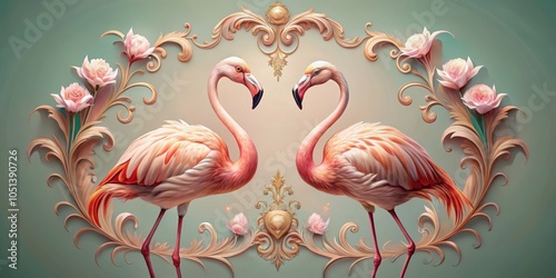 Wallpaper Mural Two elegant flamingos depicted in a Rococo art style, flamingo, bird, animal, elegant, fancy, decorative, ornate, rococo, art, style Torontodigital.ca