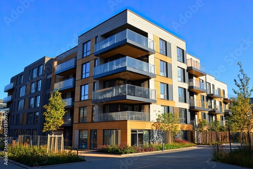 Modern apartment building against a clear blue sky. Residential building architecture. Urban real estate. New build block of flats. Modern living neighbourhood. generative ai