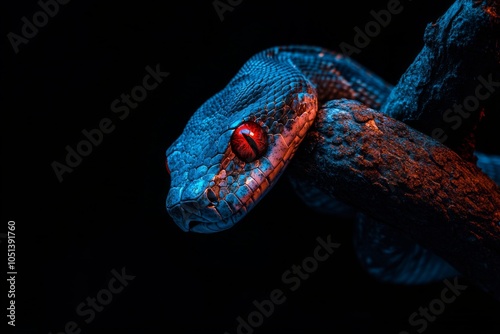 blue viper snake full of venom striking red eyes isolated black background wrapped around a tree branch