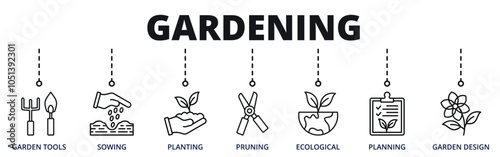 Gardening banner web icon for business with garden tools, sowing, planting, pruning, ecological, planning, garden design