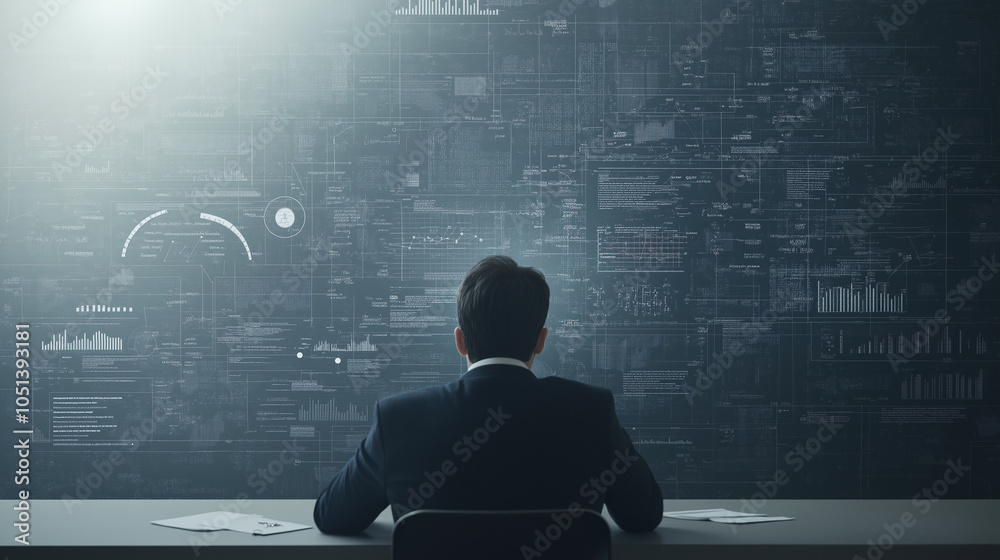 A man is sitting at a desk in front of a computer monitor with a large screen