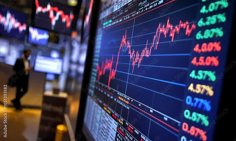 A stock market graph displaying fluctuating prices on a digital screen in a trading environment.