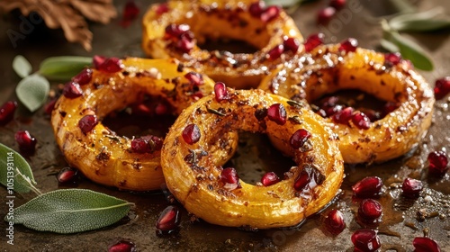 Roasted Delicata Squash Rings with Pomegranate Seeds: Professional Food Photography on a Brushed Bronze Surface with Fresh Sage and Maple Drizzle. Clean and Natural Lighting. photo