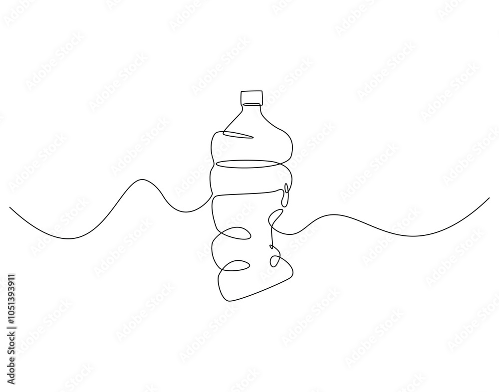 Fototapeta premium Continuous one line drawing of used plastic bottle. One line drawing illustration of crumpled plastic bottles. Pollution, trash, recycle concept single line. Editable outline