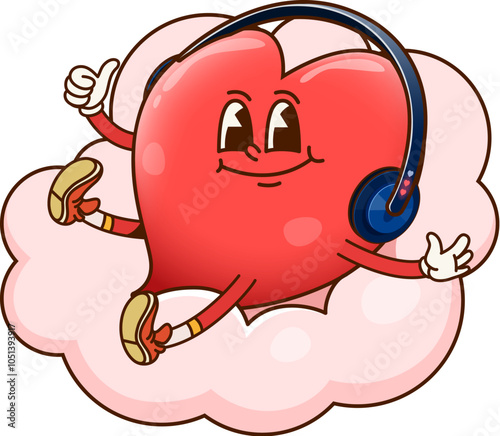 Cute groovy heart character in headphones on sky cloud. Isolated cartoon vector whimsical personage lounges blissfully, radiating pure joy, relaxation, harmonizing love and music in a dreamy scene