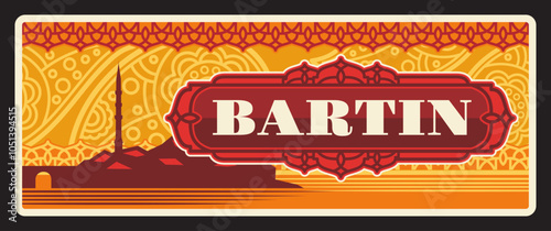 Bartin Turkey province vintage travel plate beacon tower and oriental ornament. Vector retro board, travel destination sign, signboard of touristic Turkish landmark plaque or card