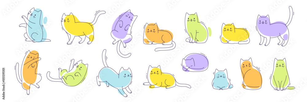 Obraz premium Outline cute cats set. Vector kitten poses collection. Colorful sketch cats bundle.