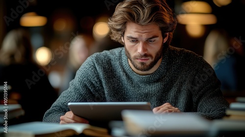 Man Using Tablet in a dimly Lit Setting
