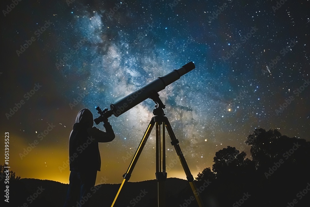 A person adjusting a telescope under a starry sky, capturing the wonder of stargazing. AI generative A person adjusting a telescope under a starry sky, capturing the wonder of stargazing. AI generative