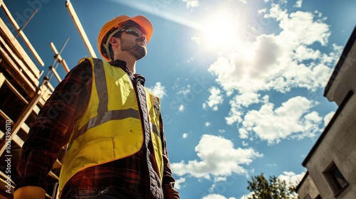 Construction worker beneath clear sky with sun shining