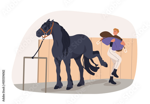 Horse kicking out with hind legs, refusing saddling. Disobedient bad equine behavior, riders problem with stallion. Equine disobedience. Flat vector illustration isolated on white background
