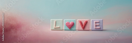 LOVE - Soft Pastel LOVE Blocks with Heart on Gentle Background