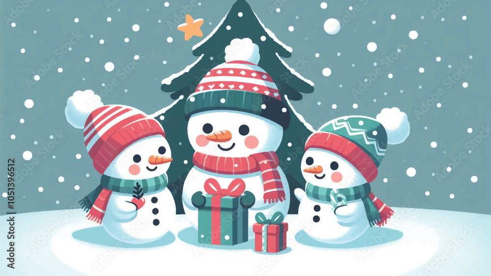 A cute snowman family wearing scarves and hats, exchanging gifts under a snow-covered pine tree. Their carrot noses and coal smiles express joy 2 A cute snowman family wearing scarves and hats, exchanging gifts under a snow-covered pine tree. Their carrot noses and coal smiles express joy 2
