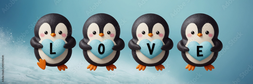 Fototapeta premium LOVE - Cute Cartoon Penguins Holding Blue Hearts with LOVE Letters for Romantic Decor