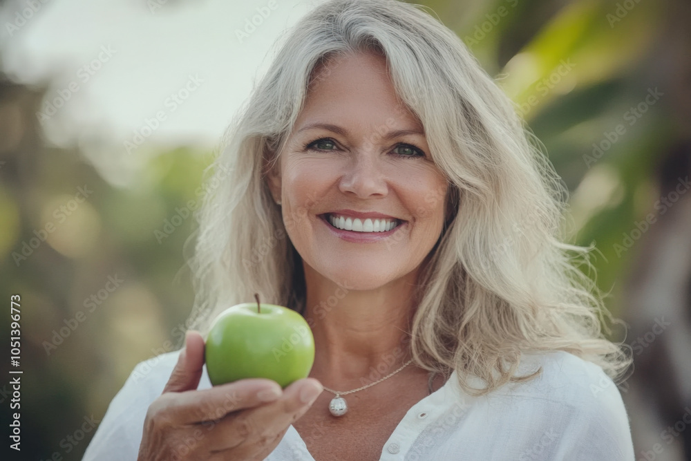 a beautiful women in the age of 55 with blond hair is smiling, it looks very natural and the picture is clear with bright light holding green apple