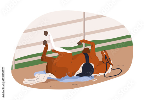 Funny horse turned out, rolling on back. Playful equine behavior with legs up. Stallion lying down on ground, enjoying and rubbing against earth. Flat vector illustration isolated on white background