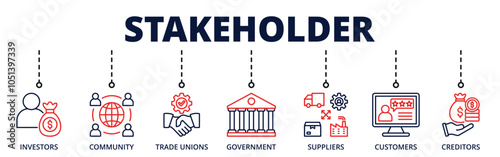 Stakeholder banner web icon for business with investors, community, trade unions, government, supplier, customer, creditor