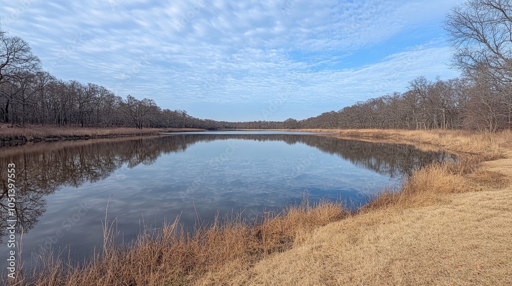Tranquil Lake Landscape with Tree Reflections and Blue Sky Tranquil Lake Landscape with Tree Reflections and Blue Sky