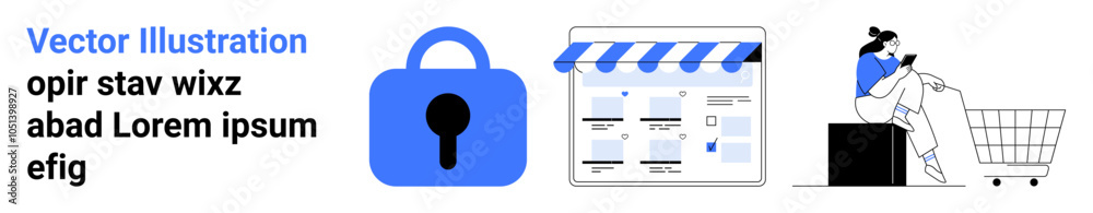 A blue padlock next to an online storefront signifies secure online shopping. A person using a phone in a shopping cart highlights digital commerce. Ideal for e-commerce, cybersecurity, online A blue padlock next to an online storefront signifies secure online shopping. A person using a phone in a shopping cart highlights digital commerce. Ideal for e-commerce, cybersecurity, online