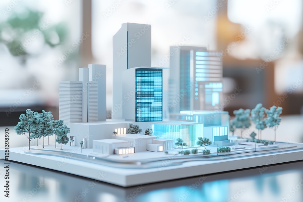 A model of a city with a blue building in the middle. The city is made of white and blue materials A model of a city with a blue building in the middle. The city is made of white and blue materials