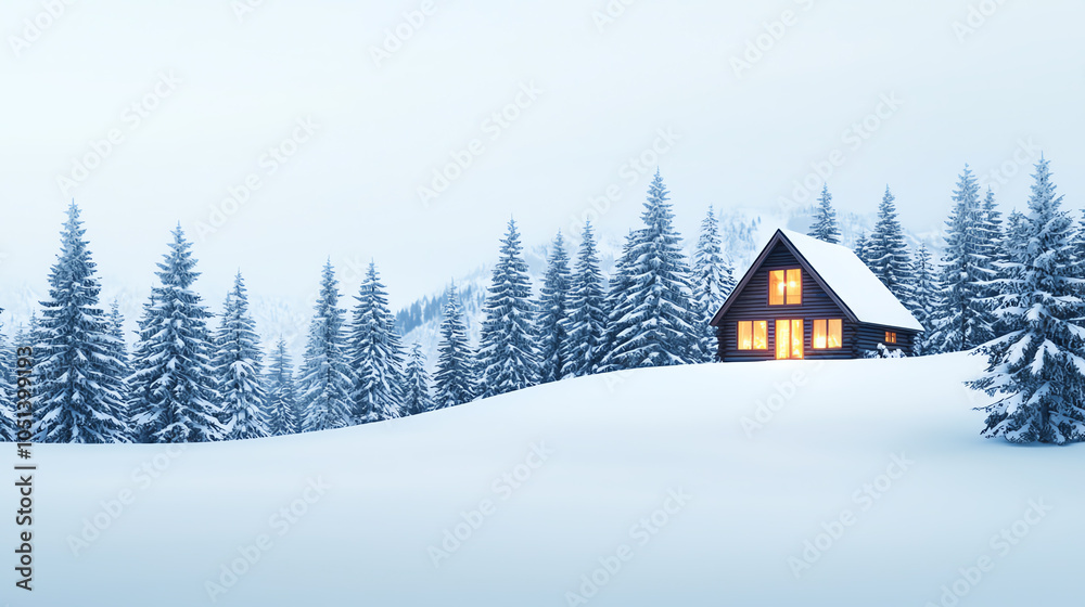 A-frame cabin nestled in snowy mountains, warm lights glowing from large windows, snow-covered pine trees surround, overcast sky, cinematic angle, serene winter retreat A-frame cabin nestled in snowy mountains, warm lights glowing from large windows, snow-covered pine trees surround, overcast sky, cinematic angle, serene winter retreat