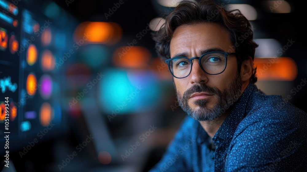 Obraz premium A Man Wearing Glasses Gazing at the Camera with Blurred Background Lights