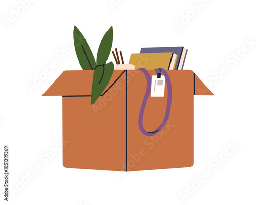 Cardboard box with office stuff, personal belongings. Work items packed for job change, moving. Carton package with plant, books, name badge. Flat vector illustration isolated on white background