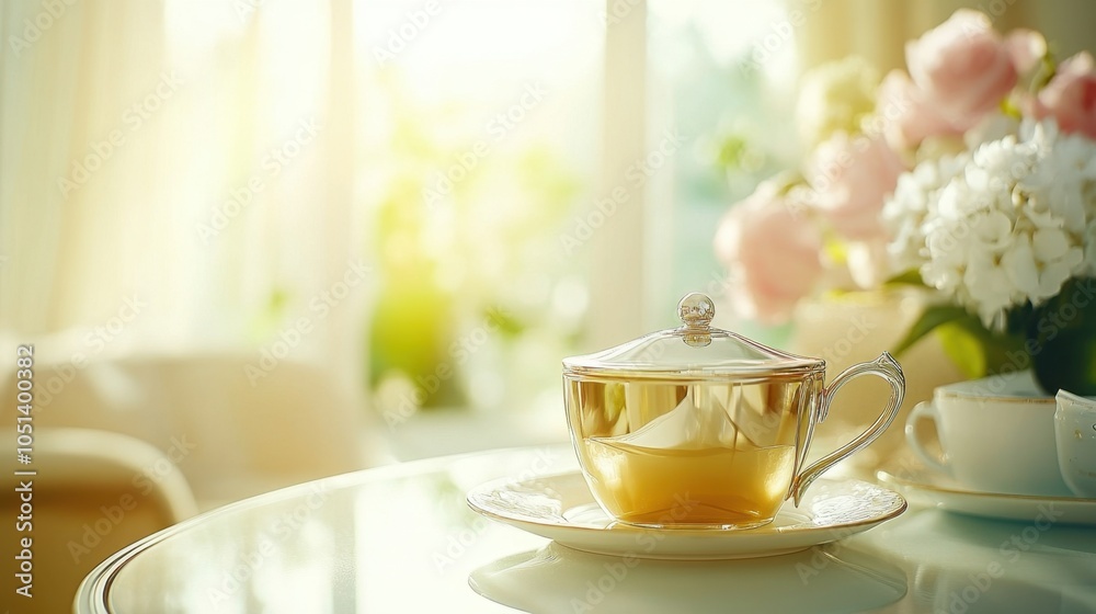 custom made wallpaper toronto digitalGlass Teapot with Tea on Table in Sunny Room with Flowers