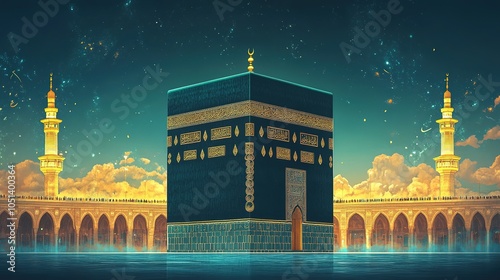 Haji Mabrour Greeting Islamic Illustration Background With Arabic Calligraphy, Kaaba, Lantern For Banner, Wallpaper, Cover, Flyer. photo