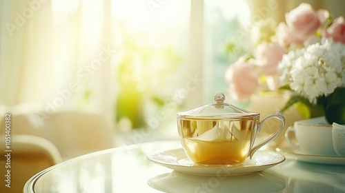 Wallpaper Mural Glass Teapot with Tea on Table in Sunny Room with Flowers Torontodigital.ca