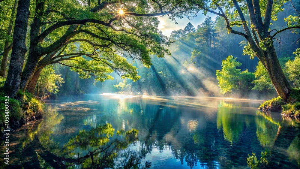 Fototapeta premium Sunbeams pierce through the canopy, illuminating a serene forest river with misty air and a reflection of the surrounding foliage.