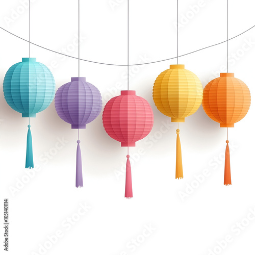 Colorful Chinese Paper Street Lanterns Hanging with Tassel Vector isolaed on white background, ready to bring joy to any space , cartoon drawing photo