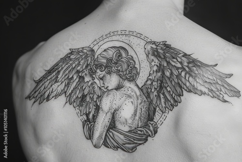 A tattoo of an angel with outstretched wings on the upper back