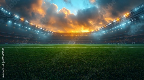 A breathtaking sunset over a modern soccer stadium capturing the essence of sports and passion in an engaging atmosphere