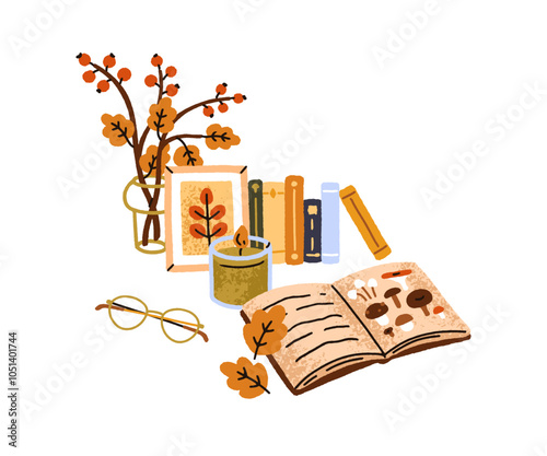 Cozy autumn season with notebook, herbarium, fall leaf, warm candle, glasses, books and botanical composition in vase. Hygge time at home. Flat vector illustration isolated on white background