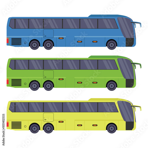 Vector illustration sets of bus in cartoon flat style. Land public transportation in three different color,. Icon or symbol for digital resources, infographic, logo, etc