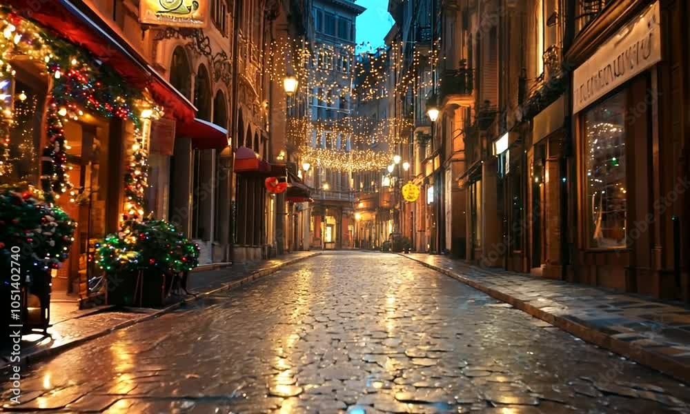 Serene cobblestone street illuminated at dusk. Serene cobblestone street illuminated at dusk.