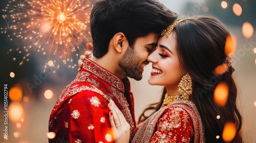 Romantic Couple Celebrating with Fireworks Indian Wedding Love Festive Atmosphere