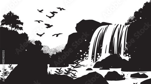 A waterfall cascading down rocks. silhouette illustration