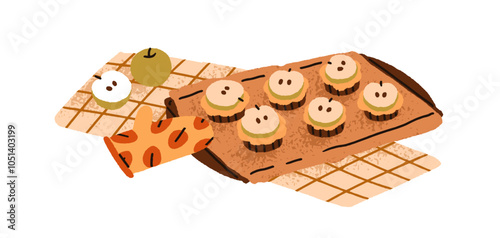 Apple bakery, cupcakes, fresh homemade dessert on baking tray. Sweet home-made food, fruity pastries. Fall autumn season hygge at kitchen. Flat vector illustration isolated on white background